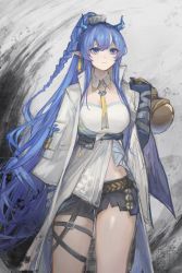 Rule 34 | 1girl, arknights, arm tattoo, black shorts, black skin, blue eyes, blue hair, braid, braided ponytail, coat, collar, colored skin, cowboy shot, detached sleeves, dragon horns, fuyuyu-pon, grey background, hair between eyes, highres, holding, horns, ling (arknights), long hair, necktie, open clothes, open coat, pointy ears, shirt, shorts, sidelocks, smile, solo, tattoo, very long hair, white coat, white collar, white shirt, yellow necktie