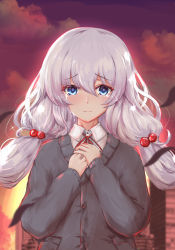 Rule 34 | 1girl, black cardigan, blue eyes, blurry, cardigan, cityscape, cloud, commentary request, crying, crying with eyes open, depth of field, falling leaves, glint, gradient sky, habu rin, hair between eyes, hair bobbles, hair ornament, hands on own chest, highres, leaf, light frown, light purple hair, looking at viewer, low twintails, original, outdoors, own hands together, red neckwear, red ribbon, ribbon, shirt, sky, solo, standing, tareme, tears, twilight, twintails, upper body, white shirt