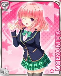 Rule 34 | 1girl, blue jacket, bow, card, character name, girlfriend (kari), green bow, green skirt, jacket, looking at viewer, nitta moeka, official art, open mouth, pink background, pink bow, pink hair, pink shirt, plaid, plaid skirt, pointing, pointing up, purple eyes, qp:flapper, school uniform, shirt, short hair, skirt, smile, solo, tagme