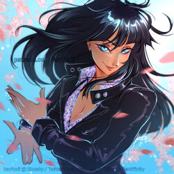 Rule 34 | 1girl, 2024, black dress, black hair, blue eyes, bluesky username, blunt bangs, cherry blossoms, collared shirt, crossed arms, dress, eyelashes, floating hair, highres, instagram username, kayfoxii, leather dress, long hair, nico robin, one piece, patreon username, pink petals, shirt, signature, smile, solo, twitter username, upper body