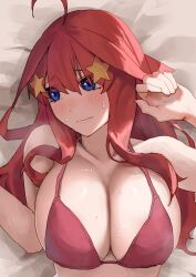 Rule 34 | 1girl, ahoge, amog, bed, bikini, blue eyes, blush, breasts, cleavage, collarbone, embarrassed, go-toubun no hanayome, hair ornament, highres, large breasts, long hair, looking to the side, lying, nakano itsuki, on back, on bed, red bikini, red hair, solo, star (symbol), star hair ornament, swimsuit