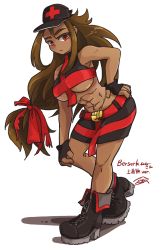 Rule 34 | 1girl, abs, bare arms, bare shoulders, belt, black gloves, boots, breasts, brown hair, commentary request, cross, dark-skinned female, dark skin, doom (series), fingerless gloves, frown, gloves, hair ribbon, hand on own hip, hand on own knee, highres, kurashiki nanka, large breasts, leaning forward, long hair, looking at viewer, low-tied long hair, personification, red cross, red eyes, red ribbon, ribbon, simple background, solo, underboob, very long hair, white background