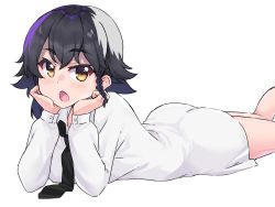 Rule 34 | 1girl, black hair, braid, brown eyes, commentary, dress shirt, girls und panzer, head rest, highres, kimi tsuru, long sleeves, looking at viewer, lying, necktie, no pants, on stomach, open mouth, pepperoni (girls und panzer), shirt, short hair, side braid, simple background, solo, white background, white shirt