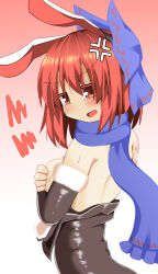 Rule 34 | 1girl, alternate costume, anger vein, animal ears, back, black leotard, black sleeves, blue bow, blue scarf, blush, bow, breasts, commentary request, covering privates, covering breasts, detached sleeves, embarrassed, fake animal ears, fur-trimmed leotard, fur-trimmed sleeves, fur trim, hair between eyes, hair bow, highres, honyaa (honya--1123), leotard, looking at viewer, looking back, medium breasts, open mouth, playboy bunny, rabbit ears, red eyes, red hair, scarf, sekibanki, short hair, solo, strapless, strapless leotard, touhou, upper body