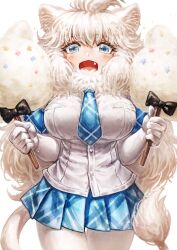 Rule 34 | 1girl, :d, animal ears, big hair, blue eyes, blue necktie, blue skirt, blush, cotton candy, cowboy shot, elbow gloves, fang, gloves, highres, kemono friends, lion ears, lion girl, lion tail, long hair, looking at viewer, necktie, open mouth, oyu udon, pantyhose, plaid, plaid necktie, plaid skirt, plaid trim, pleated skirt, shirt, short sleeves, skirt, smile, solo, t-shirt, tail, white gloves, white hair, white lion (kemono friends), white pantyhose, white shirt