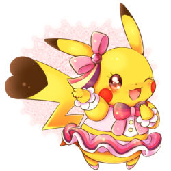 Rule 34 | blush, bow, brown eyes, cosplay pikachu, creatures (company), dress, game freak, gen 1 pokemon, heart, heart tail, nintendo, no humans, one eye closed, open mouth, pikachu, pikachu pop star, pokemon, pokemon (creature), skirt, smile, solo, standing, tail, wink, yupo 0322