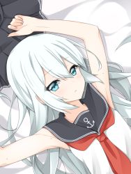Rule 34 | 10s, 1girl, adapted costume, anchor symbol, armpits, arms up, bare shoulders, bed sheet, black skirt, blue eyes, breasts, expressionless, eyebrows, from above, hair between eyes, hibiki (kancolle), highres, kantai collection, long hair, looking at viewer, looking up, neckerchief, pleated skirt, rateratte, school uniform, serafuku, shirt, silver hair, skirt, unworn skirt, sleeveless, sleeveless shirt, solo, sweatdrop