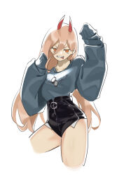 Rule 34 | 1girl, absurdres, blonde hair, blue sweater, chainsaw man, cropped legs, cross-shaped pupils, hair between eyes, high-waist shorts, highres, horns, jewelry, long hair, looking at viewer, necklace, pascaldinger, power (chainsaw man), red horns, sharp teeth, shorts, simple background, sleeves past fingers, sleeves past wrists, solo, sweater, symbol-shaped pupils, teeth, tongue, tongue out, white background, yellow eyes