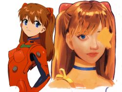 Rule 34 | 1girl, 4zw89qkqagggcf7, :3, between breasts, between legs, blue eyes, bodysuit, breasts, brown hair, closed mouth, cowboy shot, hair between eyes, highres, lips, long hair, looking at viewer, multiple views, neon genesis evangelion, plugsuit, red bodysuit, shiny clothes, small breasts, solo, souryuu asuka langley, turtleneck, two side up, white background