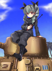 Rule 34 | 10s, 1girl, a9b (louis814), anchovy (girls und panzer), arm support, belt, black footwear, black shirt, blouse, blush, boots, cloud, day, dress shirt, drill hair, girls und panzer, grey jacket, grey pants, hair ribbon, holding, jacket, knee boots, leaning back, long hair, long sleeves, military, military uniform, military vehicle, motor vehicle, necktie, on vehicle, outdoors, palm tree, pants, pants tucked in, purple eyes, ribbon, riding crop, shirt, silver hair, sky, smile, solo, standing, tank, tree, twin drills, twintails, uniform, vehicle