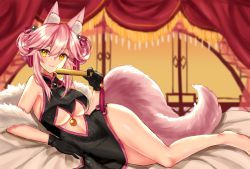 Rule 34 | 1girl, absurdres, alternate hairstyle, animal ear fluff, animal ears, black gloves, breasts, china dress, chinese clothes, dress, fate/grand order, fate (series), folded fan, folding fan, fox ears, fox girl, fox tail, gloves, hand fan, highres, indoors, koyanskaya (chinese lostbelt outfit) (fate), koyanskaya (fate), large breasts, long hair, looking at viewer, lying, on side, pink hair, smile, solo, tail, tamamo (fate), underboob, yellow eyes