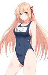 Rule 34 | 1girl, arms behind back, black one-piece swimsuit, blonde hair, breasts, character request, cleavage, commentary request, copyright request, covered navel, ekaki kukuma, green eyes, hair ribbon, highres, large breasts, long hair, looking at viewer, name connection, one-piece swimsuit, pointy ears, ribbon, school swimsuit, simple background, solo, swimsuit, translation request, white background