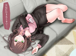 Rule 34 | 1girl, @ @, black jacket, black skirt, blush, breasts, brown hair, commentary, couch, feet, fine fabric emphasis, formal, from above, full body, green eyes, hands up, highres, jacket, knees together feet apart, lanyard, large breasts, legs, long hair, long sleeves, looking at viewer, lying, messy hair, miniskirt, no shoes, office lady, ol-chan (oouso), on back, oouso, open mouth, original, pantyhose, pencil skirt, pink pantyhose, pink shirt, shiny skin, shirt, sidelocks, skirt, skirt suit, solo, suit, swept bangs, thighs, thought bubble, toes, translated