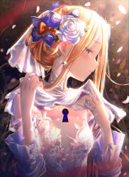 Rule 34 | 1girl, abigail williams (fate), bare shoulders, black bow, blonde hair, blue eyes, blush, bow, breasts, fate/grand order, fate (series), forehead, highres, keyhole, kinom (sculpturesky), long hair, looking at viewer, orange bow, parted bangs, small breasts, solo