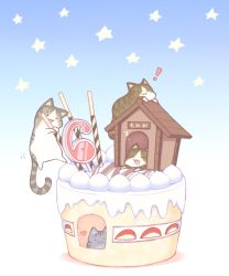 Rule 34 | !, . ., :3, :d, animal, animal focus, blue background, cake, cat, closed eyes, closed mouth, doghouse, drooling, food, food focus, gradient background, highres, no humans, open mouth, original, sakurato ototo shizuku, saliva, shadow, sleeping, smile, star (symbol), strawberry shortcake, translation request, white background, zzz
