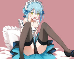 Rule 34 | 1other, apron, ass, bare shoulders, black panties, blue bow, blue dress, blue hair, blush, bow, dress, hair between eyes, lingerie, maid, maid apron, maid headdress, open mouth, panties, pillow, pink background, rimuru tempest, shoes, shoura, sitting, solo, tensei shitara slime datta ken, thighhighs, underwear, white apron, wrist cuffs, yellow eyes