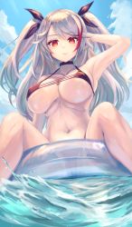 Rule 34 | 1girl, antenna hair, azur lane, bikini, black bikini, breasts, commentary request, denchi more power, hair between eyes, highres, large breasts, long hair, looking at viewer, multicolored hair, official alternate costume, orange eyes, prinz eugen (azur lane), prinz eugen (unfading smile) (azur lane), red hair, silver hair, solo, streaked hair, swimsuit, two side up, very long hair