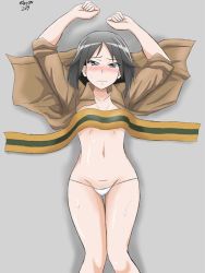 Rule 34 | 1girl, black hair, blue eyes, blush, brave witches, breasts, groin, kanno naoe, looking at viewer, lying, no bra, on back, panties, scarf, short hair, small breasts, solo, underwear, white panties, world witches series