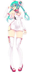 Rule 34 | 1girl, alternate costume, aqua hair, bare shoulders, braid, breasts, bridal gauntlets, china dress, chinese clothes, cleavage, cleavage cutout, clothing cutout, covered navel, detached sleeves, double bun, dress, full body, green eyes, hair between eyes, hair bun, hair ornament, hair ribbon, hatsune miku, highres, licking, licking finger, long hair, looking at viewer, mary janes, open mouth, reason (ficafe), red footwear, ribbon, shoes, short dress, side slit, simple background, solo, teeth, thighhighs, twin braids, vocaloid, white background, white dress, white thighhighs