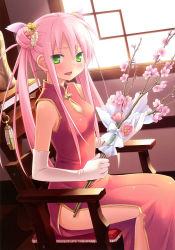 Rule 34 | 1girl, absurdres, bare shoulders, cafe sourire, chair, china dress, chinese clothes, double bun, dress, elbow gloves, eretto, flower, gayarou, gloves, green eyes, highres, indoors, looking at viewer, mizushima serika, pink hair, pink theme, side slit, sitting, smile, solo, twintails, white gloves
