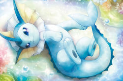 Rule 34 | :3, blue eyes, bubble, closed mouth, creature, creatures (company), full body, game freak, gen 1 pokemon, looking at viewer, lying, nintendo, no humans, official art, on back, pokemon, pokemon (creature), pokemon tcg, sui (petit comet), third-party source, underwater, vaporeon, water
