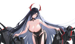 Rule 34 | 1girl, absurdres, ano (madoka23), azur lane, bare shoulders, black dress, black hair, blush, breasts, cleavage, dress, friedrich der grosse (azur lane), hair over one eye, highres, horns, huge breasts, leaning forward, long hair, looking at viewer, mechanical horns, red horns, solo, thigh gap, very long hair, white background, yellow eyes