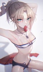 Rule 34 | 1girl, absurdres, armpits, arms up, bambi-25, bare shoulders, barefoot, blonde hair, blue eyes, braid, breasts, crop top, denim, denim shorts, eyes visible through hair, fate/apocrypha, fate/grand order, fate (series), hair tie in mouth, highres, jewelry, medium breasts, mordred (fate), mouth hold, navel, necklace, parted bangs, ponytail, scrunchie, shorts, solo, thighs, tying hair