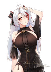 Rule 34 | 1girl, absurdres, alternate costume, antenna hair, azur lane, black dress, blush, bow, breasts, brown eyes, character name, cleavage, cowboy shot, dress, hair between eyes, highres, large breasts, long hair, looking at viewer, mole, mole on breast, multicolored hair, open mouth, prinz eugen (azur lane), prinz eugen (cordial cornflower) (azur lane), red hair, sidelocks, silver hair, simple background, solo, streaked hair, thighs, two side up, very long hair, white background, yukineko