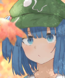 Rule 34 | 1girl, absurdres, autumn, blue eyes, blue hair, close-up, green hat, hair bobbles, hair ornament, hat, highres, kawashiro nitori, leaf, looking away, short hair, short twintails, solo, touhou, twintails, upper body, xp543387