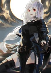 Rule 34 | 1girl, arknights, belt, black capelet, black dress, braid, capelet, circular saw, commentary, dress, highres, holding, holding weapon, long hair, long sleeves, moonlight, nukuyu haru, red eyes, saw, silver hair, smile, solo, specter (arknights), thighhighs, turtleneck, weapon