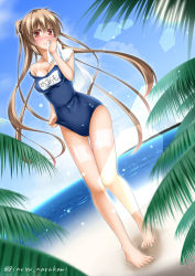 Rule 34 | 10s, 1girl, artist name, bad id, bad pixiv id, barefoot, beach, blush, brown eyes, brown hair, day, dutch angle, full body, kantai collection, legs, lens flare, long hair, murasame (kancolle), narukami ginryuu, new school swimsuit, ocean, one-piece swimsuit, outdoors, pigeon-toed, school swimsuit, sky, smile, solo, swimsuit, tan, tanline, towel, twintails, very long hair, water