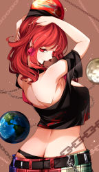 Rule 34 | 1girl, absurdres, ass, back, black panties, breasts, brown background, butt crack, candy, chain, chocolate, chocolate heart, choker, commentary request, crop top, earrings, earth (ornament), food, hand in own hair, heart, hecatia lapislazuli, highres, jewelry, large breasts, looking at viewer, medium hair, midriff, moon (ornament), mouth hold, multicolored clothes, multicolored skirt, panties, pointy ears, raptor7, red eyes, red hair, shadow, shirt, simple background, skirt, smile, solo, touhou, underwear