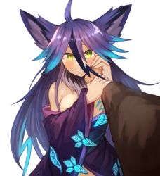 Rule 34 | 1girl, ahoge, animal ear fluff, animal ears, bare shoulders, blue hair, breasts, commission, fur, green eyes, hair between eyes, hand grab, hand on another&#039;s cheek, hand on another&#039;s face, highres, japanese clothes, large breasts, long hair, looking at viewer, monster girl, monster girl encyclopedia, multicolored hair, off shoulder, pov, pov hands, purple hair, raiju (monster girl encyclopedia), simple background, smile, solo focus, sookmo, white background, wide sleeves