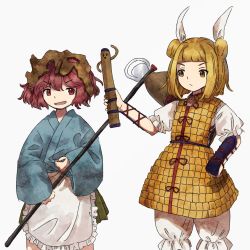 Rule 34 | 1girl, 1other, androgynous, armor, blonde hair, crossover, double bun, hair bun, hair ribbon, haniwa (statue), helmet, highres, holding, japanese clothes, joutouguu mayumi, katano sukune, katano sukune&#039;s bottle opener, len&#039;en, puffy short sleeves, puffy sleeves, red eyes, red hair, retrochaossan, ribbon, short hair, short sleeves, stage connection, touhou, trait connection, vambraces