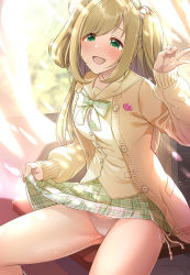 Rule 34 | 1girl, blush, breasts, cameltoe, cardigan, clothes lift, green eyes, green skirt, hair ornament, hand up, highres, idolmaster, idolmaster cinderella girls, long hair, long sleeves, medium breasts, mk (mod0), open cardigan, open clothes, open mouth, panties, pleated skirt, pussy juice, sato shin, shirt, side-tie panties, sitting, skirt, skirt lift, smile, solo, sweater, thighs, two side up, underwear, white panties, yellow shirt, yellow sweater