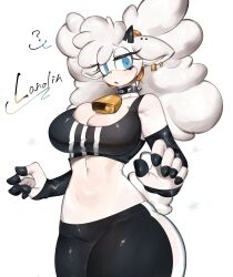 Rule 34 | 1girl, animal ears, arm warmers, bell, black choker, blue eyes, breasts, choker, cleavage, crop top, ear piercing, ear tag, earrings, furry, furry female, highres, horns, jewelry, lanolin the sheep, large breasts, long hair, looking at viewer, midriff, navel, piercing, quad tails, sheep ears, sheep girl, sheep horns, sheep tail, sonic (series), sonic the hedgehog (idw), spiked choker, spikes, tail, thick thighs, thighs, togetoge, wavy hair, white fur, white hair, wide hips, wool