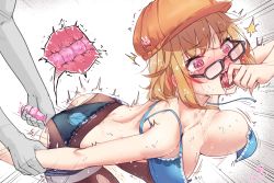 Rule 34 | 1girl, arm grab, arm held back, ass, bent over, black-framed eyewear, black pantyhose, blonde hair, blue bra, blue panties, blush, borrowed character, bouncing breasts, bra, breasts, clothes pull, clothing aside, cross-section, dildo, ear blush, fishnet pantyhose, fishnets, glasses, hat, highres, large breasts, medium hair, nose blush, object insertion, open bra, open mouth, orange hat, original, panties, panties aside, pantyhose, pink eyes, saliva, sex toy, short shorts, shorts, shorts pull, solo focus, sweat, tears, torn clothes, torn legwear, trembling, underwear, vaginal, vaginal object insertion, wet.elephant, x-ray