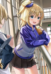 Rule 34 | 1boy, 1girl, :d, bag, banned artist, black skirt, blonde hair, blouse, blue eyes, blue jacket, blue scrunchie, blurry, blurry foreground, blush, commentary request, day, depth of field, drinking straw, hair between eyes, hair ornament, hair scrunchie, hairclip, highres, holding, indoors, jacket, kagamine len, kagamine rin, long sleeves, looking at viewer, one side up, open mouth, pleated skirt, puffy long sleeves, puffy sleeves, railing, school bag, scrunchie, shirt, skirt, sleeves past wrists, smile, teeth, upper teeth only, vocaloid, white shirt, window, yuuka nonoko