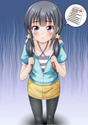 Rule 34 | 1girl, :o, aho girl, akutsu ruri, backpack, bag, black hair, black pantyhose, blush, brown skirt, collarbone, commentary request, hair ornament, hair over shoulder, halterneck, highres, holding, hood, hood down, hooded jacket, jacket, long hair, looking at viewer, open clothes, open jacket, pantyhose, parted lips, partially unzipped, pocket, purple eyes, randoseru, regular mow, shirt, short sleeves, skirt, solo, spoken object, standing, star (symbol), star hair ornament, striped clothes, striped shirt, tears, academic test, test score, twintails, zipper