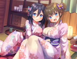 Rule 34 | 2girls, :d, arm support, asa no ha (awayuki), black hair, blue eyes, blush, bow, breasts, brown hair, chest of drawers, closed mouth, cup, curtains, female focus, floral print, hair between eyes, hair bow, haru (mimikaki rifure), highres, indoors, japanese clothes, kimono, lamp, large breasts, long sleeves, looking at viewer, mimikaki rifure, multiple girls, official art, ointment, open mouth, pink kimono, purple bow, shion (mimikaki rifure), sidelocks, sitting, smile, tatami, tissue box, tray