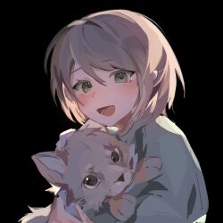 Rule 34 | 1girl, 404notfind000, animal, backlighting, black background, chinese commentary, commentary request, dog, endou akane, green eyes, green shirt, hair between eyes, highres, holding, holding animal, holding dog, light brown hair, open mouth, saibou shinkyoku, shirt, short hair, simple background, smile, tina (saibou shinkyoku)