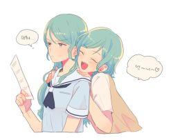 Rule 34 | 2girls, :d, ^ ^, aqua hair, bad id, bad twitter id, bang dream!, blue neckerchief, blue shirt, closed eyes, commentary request, frown, green eyes, hands on another&#039;s shoulders, head on another&#039;s shoulder, hikawa hina, hikawa sayo, holding, holding paper, korean commentary, korean text, long hair, multiple girls, neckerchief, open mouth, paper, res2shuu, school uniform, serafuku, shirt, short hair, short sleeves, siblings, simple background, sisters, smile, sweater vest, translation request, twins, upper body, v-shaped eyebrows, white background
