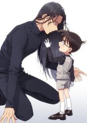 Rule 34 | 2boys, akai shuuichi, arm at side, arm support, black-framed eyewear, black hair, black pants, black shirt, blue eyes, brown footwear, brown hair, child, commentary request, earrings, edogawa conan, eye contact, formal, from side, glasses, gloves, gradient background, green eyes, grey background, grey shorts, grey vest, hand up, height difference, jewelry, k (gear labo), kneeling, long hair, looking at another, male focus, meitantei conan, multiple boys, pants, shirt, shoes, short hair, shorts, simple background, socks, standing, turtleneck, very long hair, vest, white gloves, white legwear
