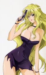 Rule 34 | 00s, 1girl, absurdres, blonde hair, breasts, cleavage, gun, highres, jinki, large breasts, long hair, mel j vanette, no nipples, solo, third-party edit, torn clothes, weapon