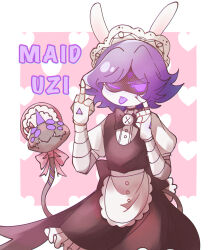 Rule 34 | 1girl, apron, glitch productions, highres, maid headdress, middle finger, monster tail, murder drones, no humans, purple eyes, purple hair, rabbit ears, ribbon, short hair, tail, uzi (murder drones)