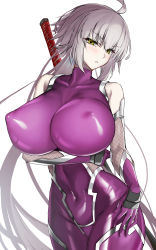 Rule 34 | 1girl, absurdres, bodysuit, breasts, cosplay, covered erect nipples, covered navel, fate/grand order, fate (series), highres, huge breasts, igawa asagi (cosplay), impossible bodysuit, impossible clothes, jeanne d&#039;arc alter (avenger) (fate), jeanne d&#039;arc alter (fate), kaoru1307, long hair, looking at viewer, purple bodysuit, shiny clothes, silver hair, silver trim, simple background, solo, standing, taimanin (series), taimanin asagi, taimanin suit, white background, yellow eyes