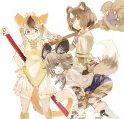 Rule 34 | 10s, 3girls, african wild dog (kemono friends), african wild dog print, animal ears, bare shoulders, bear ears, bear paw, blonde hair, boots, bow, bowtie, bracelet, brown bear (kemono friends), brown hair, circlet, collared shirt, commentary request, denim, denim shorts, dog ears, dog tail, elbow gloves, fang, fang out, gloves, golden snub-nosed monkey (kemono friends), jewelry, kemono friends, konabetate, leotard, long sleeves, monkey ears, monkey tail, multicolored hair, multiple girls, pantyhose, paw stick, shirt, short hair, short shorts, short sleeves, shorts, sidelocks, simple background, tail, thighhighs, weapon, white background, white hair