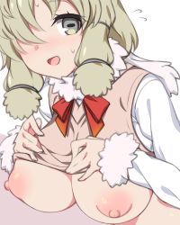Rule 34 | 10s, 1girl, :d, alpaca suri (kemono friends), blonde hair, blush, breasts, clothes lift, flying sweatdrops, fur-trimmed sleeves, fur scarf, fur trim, grey eyes, hair over one eye, hands on own chest, hands up, horizontal pupils, kemono friends, kuro mushi, large breasts, leaning forward, lifted by self, long sleeves, looking at viewer, medium hair, nipples, no bra, nose blush, open mouth, scarf, shirt, smile, solo, sweat, sweater vest, upper body