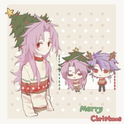 Rule 34 | 2boys, black pants, brown pants, chibi, chinese commentary, christmas, christmas sweater, christmas tree hat, closed mouth, commentary request, earrings, english text, fake antlers, hatsutori hajime, highres, jewelry, long hair, male focus, merry christmas, multiple boys, no mouth, no nose, pants, parted bangs, pink hair, purple hair, red eyes, red sweater, saibou shinkyoku, short hair, smile, star (symbol), star print, sweater, theodore riddle, yellow sweater, youli taimao