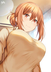 Rule 34 | 1girl, belko, blush, breasts, brown sweater, closed mouth, from below, hair bun, highres, indoors, large breasts, looking at viewer, looking down, mature female, orange hair, red eyes, signature, single hair bun, smile, solo, sweater, turtleneck, turtleneck sweater, upper body, yahari ore no seishun lovecome wa machigatteiru., yuigahama yui&#039;s mother